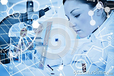 Composite image of scientist pouring drop of blood onto glass with futuristic interface Stock Photo