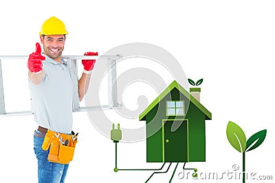 Composite image of smiling handyman carrying ladder while gesturing thumbs up Stock Photo