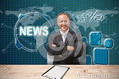 Composite image of smiling manager with arms crossed in warehouse Stock Photo