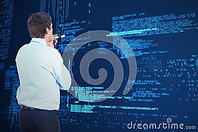 Composite image of thinking businessman biting glasses Stock Photo