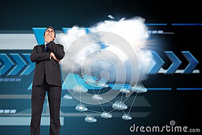 Composite image of thinking businessman touching chin Stock Photo