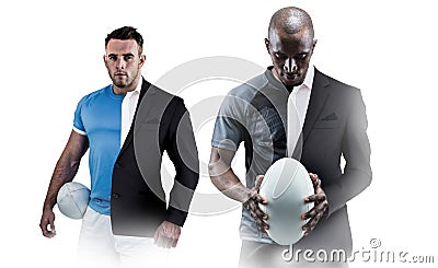 Composite image of thoughtful athlete looking at rugby ball Stock Photo