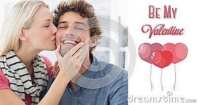 Composite image of woman kissing man on his cheek Stock Photo