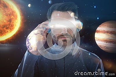 Composite image of young male using virtual reality headset 3d Stock Photo