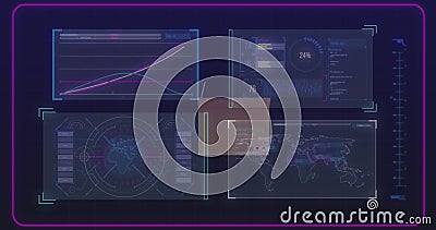Composite of interface screens with graphs, map, loading circle, database and globe Stock Photo