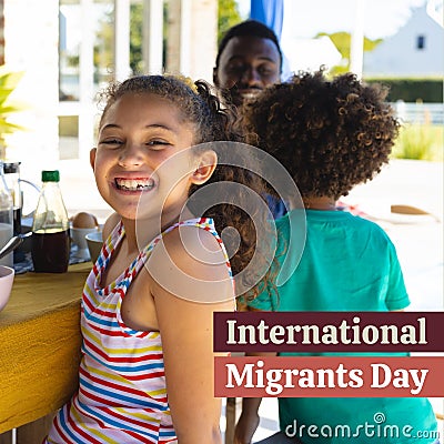 Composite of international migrants day text over happy diverse girl with son and father Stock Photo