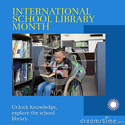 Composite of international school library month text and biracial girl reading book on wheelchair Stock Photo