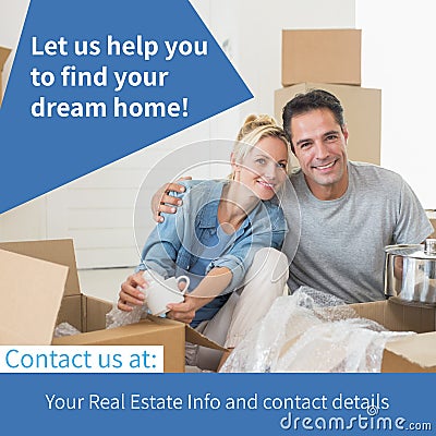 Composite of let us help you to find your dream home text over caucasian couple with moving boxes Stock Photo