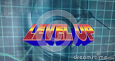 Composite of level up text with grid pattern and numbers over clock in background, copy space Stock Photo