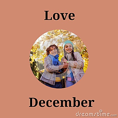 Composite of love december text over caucasian women in forest Stock Photo