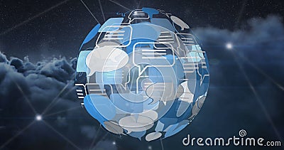 Composite of message icons forming globe and dots connected with lines over cloudscape, copy space Stock Photo