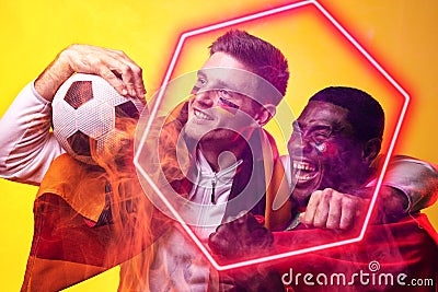 Composite of multiracial cheerful male players with german flag, ball and illuminated hexagon Cartoon Illustration