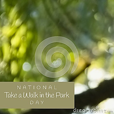 Composite of national take a walk in the park day text in gray rectangle over defocused trees Stock Photo