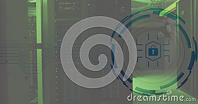 Composite of padlock icon and data processing over computer servers Stock Photo