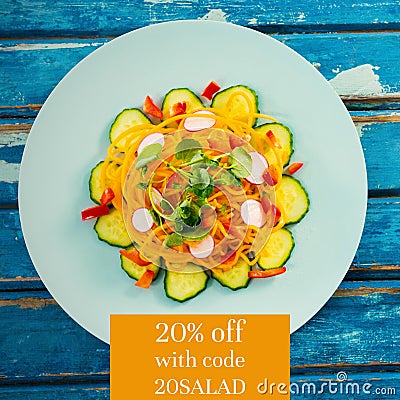 Composite of 20 percent off with code 20salad text over plate with vegetable salad Stock Photo