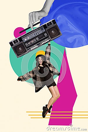 Composite photo collage artwork sketch party concept girl youngster tiptoes dance listen boombox music chill vibe Stock Photo