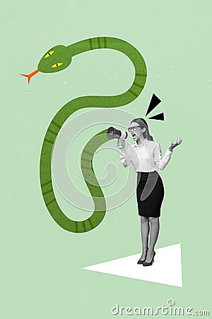 Composite photo collage artwork of young funny aggressive business woman scream megaphone snake character isolated on Stock Photo