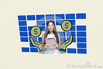 Composite photo collage of astonished girl hold ipad device dollar sign income rich unexpectedness money isolated on Stock Photo