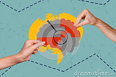 Composite photo collage of hands connect pieces puzzles brainstorm magnifying glass lupe dementia disease isolated on Stock Photo