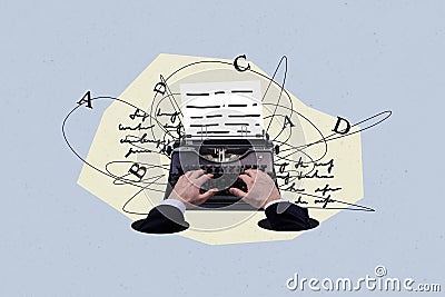 Composite photo collage of hands type book story use typewriter machine push buttons letters print novel isolated on Stock Photo