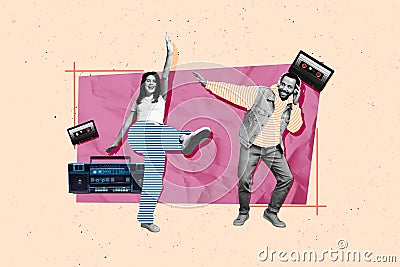 Composite photo collage of happy girl guy dance listen headphones boombox vintage cassette tape party isolated on Stock Photo