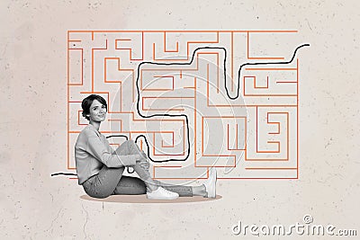 Composite photo collage of happy girl sit near difficult labyrinth riddle path line route maze game isolated on painted Stock Photo