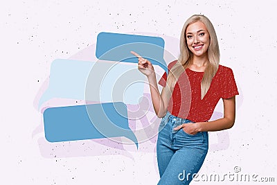 Composite photo collage of happy girl stand point text box communication speak monologue bubble message isolated on Stock Photo