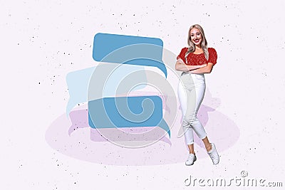 Composite photo collage of happy girl stand text box communication speak monologue bubble message isolated on painted Stock Photo