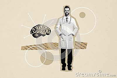 Composite photo collage of young doctor neurosurgeon brain organ structure science medicine knowledge isolated on Stock Photo