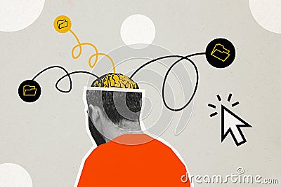 Composite photo collage of young man programmer sit back cut head brain memory folder concept mouse click tab isolated Stock Photo