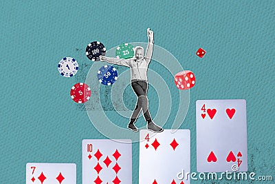 Composite picture collage senior businessman celebrate his pair of fours raised fingers up playing poker isolated on Stock Photo