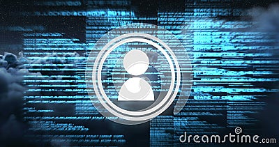 Composite of profile icon in circles over programming language against cloudscape Stock Photo