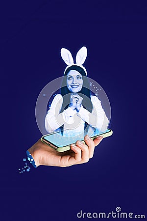 Composite promo collage young virtual assistant girl wear bunny headband hands together cute dreamy phone projection Stock Photo