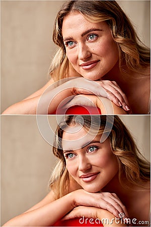 Composite Shot Showing Head And Shoulders Photo Of Woman Before And After Retouching Stock Photo