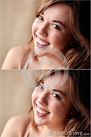 Composite Shot Showing Head And Shoulders Photo Of Woman Before And After Retouching Stock Photo