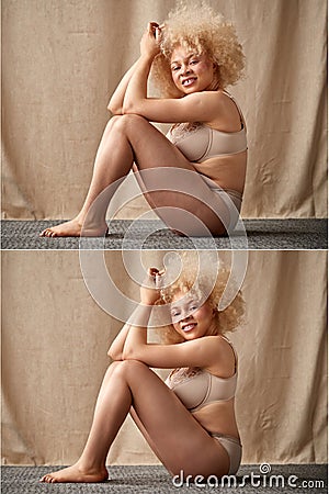 Composite Shot Showing Photo Of Woman In Underwear Before And After Retouching Stock Photo