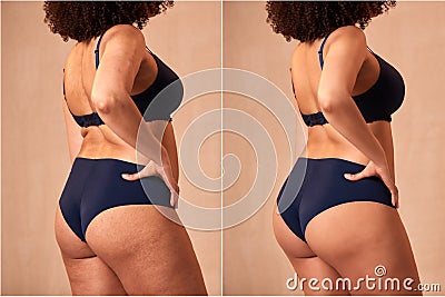 Composite Shot Showing Photo Of Woman In Underwear Before And After Retouching Stock Photo