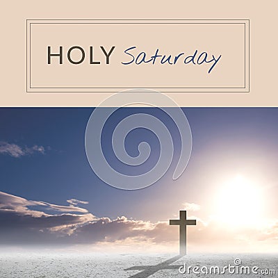 Composite of silhouette cross on land against bright sun and holy saturday text, copy space Stock Photo