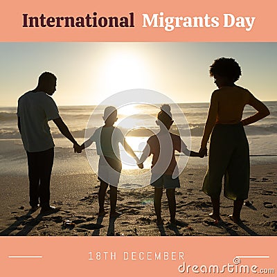 Composite of silhouette parents and children at beach and international migrants day, 18th december Stock Photo