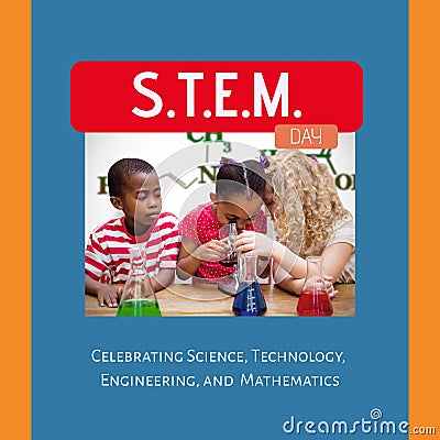 Composite of stem day text over diverse boy looking at girls using microscope with flasks on table Stock Photo