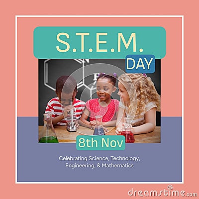 Composite of stem day, 8th nov text with multiracial schoolgirls looking at boy using microscope Stock Photo
