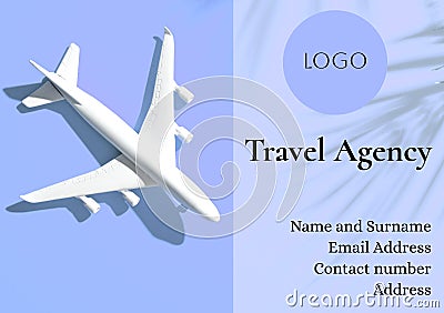 Composite of toy airplane and logo, travel agency, name, surname, address, contact and email details Stock Photo