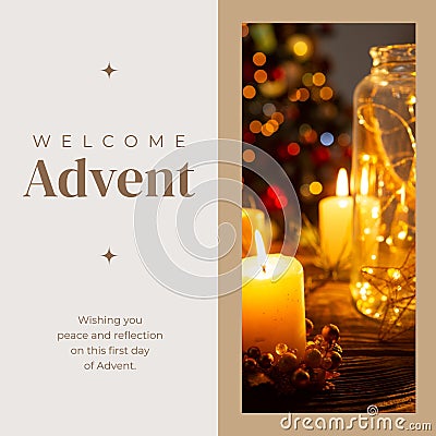 Composite of welcome advent text and lit candles on dark background Stock Photo