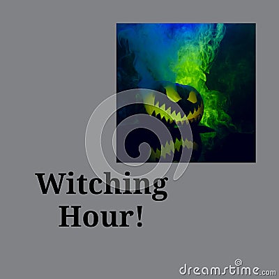 Composite of witching hour text and halloween carved pumpkin on grey background Stock Photo