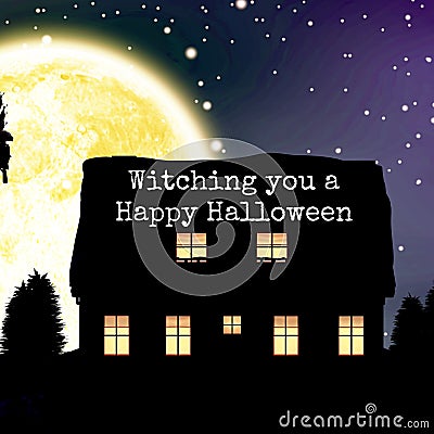 Composite of witching you a happy halloween text and house with full moon on blue background Stock Photo