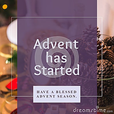 Composition of advent has started text over pines and decorations Stock Photo