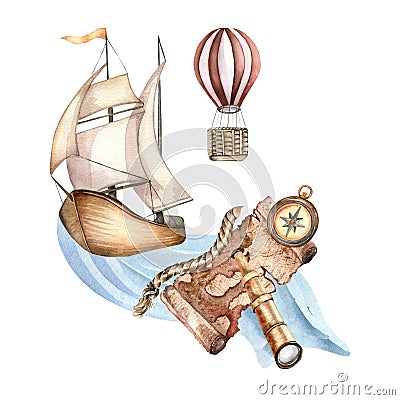 Composition of adventure items vintage style watercolor illustration isolated on white. Compass, spyglass, sailboat Cartoon Illustration