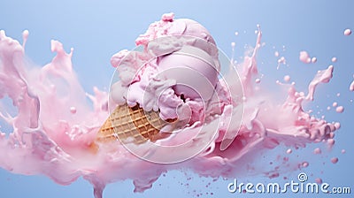 Composition, advertising freeze frame of pink ice cream in a cone with waves of cream around on a light blue background Cartoon Illustration