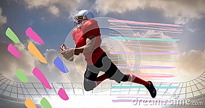 Composition of american football player with ball over colourful splodges and sports stadium Stock Photo