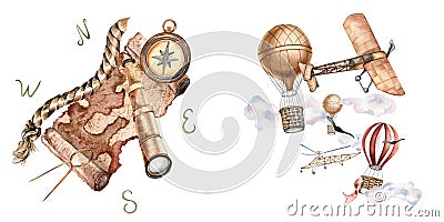 Composition of ancient map, transport watercolor illustration isolated on white. Compass, spyglass, aircraft Cartoon Illustration